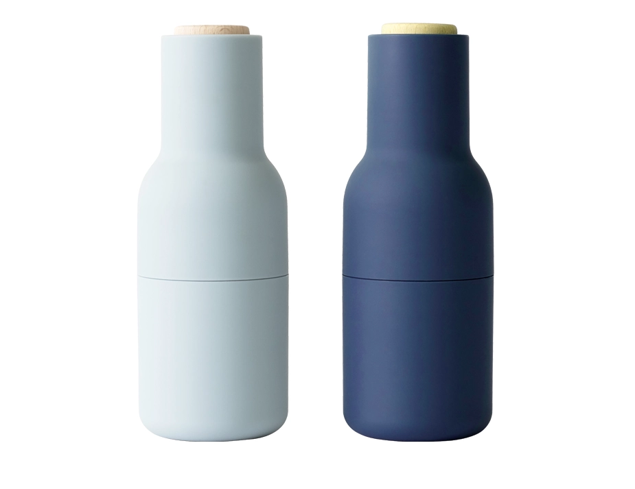 Classic blue Audo Bottle Grinder set with pale blue and navy bodies topped by light wooden lids