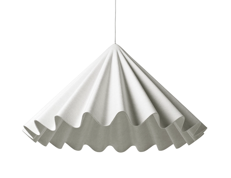 White Dancing Pendant with a rippled felt shade and an open underside resembling a flared skirt