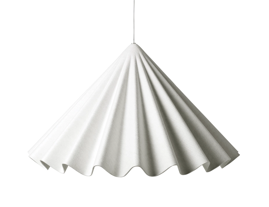 White Dancing Pendant viewed from the side, showing deep folds and a scalloped lower edge