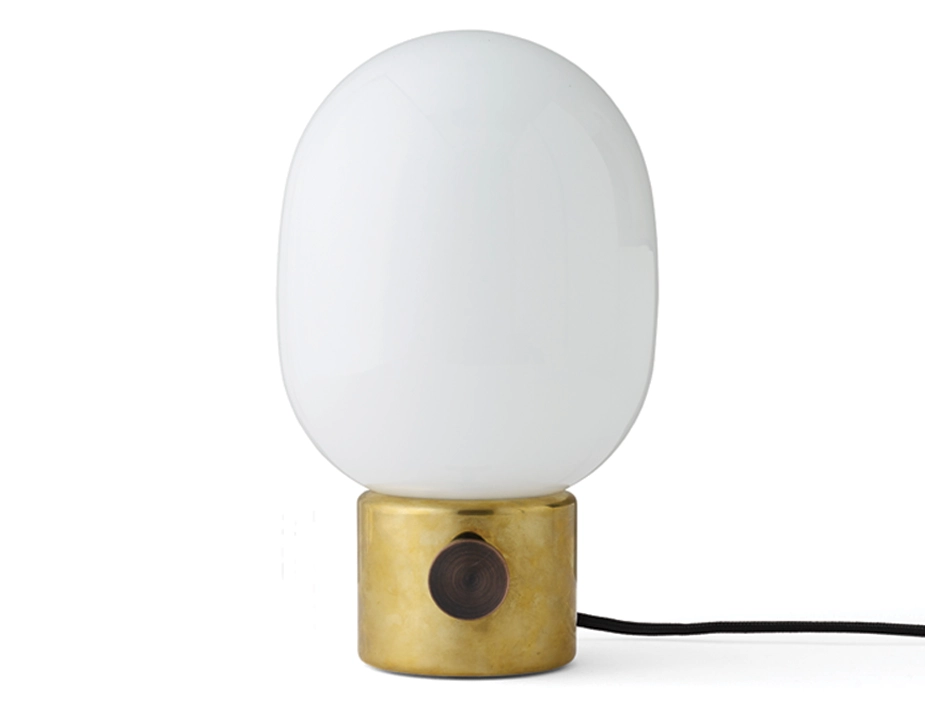 JWDA Table Lamp with a mottled gold cylindrical base, dark dimmer dial and glossy white shade